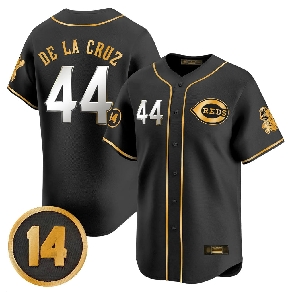 Cincinnati Reds #44 Elly De La Cruz Player Black-Gold CLOTHIN Vapor Premier Limited Home Stitched Jerseys