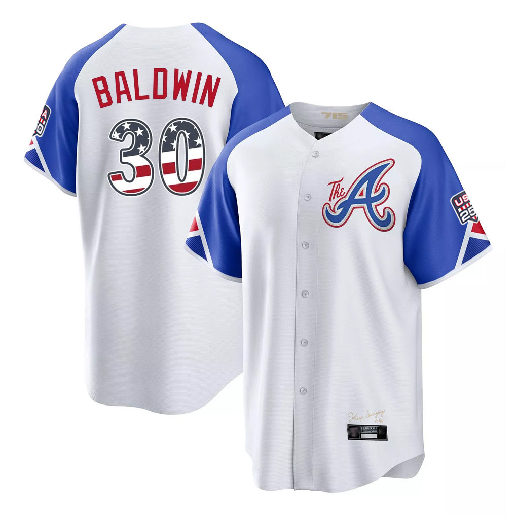 Atlanta Braves #30 Drake Baldwin Player White CLOTHIN USA 250 Fourth Of July City Connect Home Game Stitched Jerseys