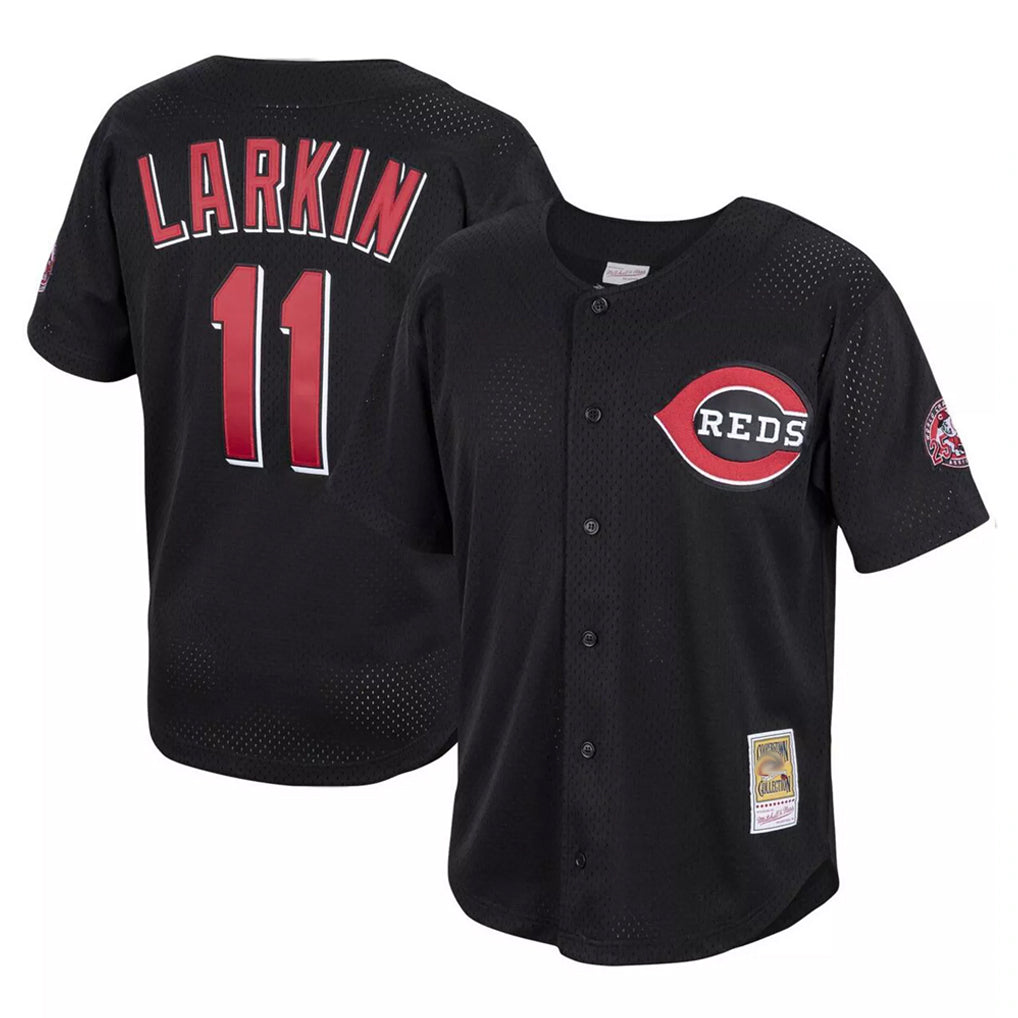 Cincinnati Reds #11 Barry Larkin Player Black CLOTHIN Mitchell & Ness Throwback Cooperstown Mesh Game Stitched Jerseys