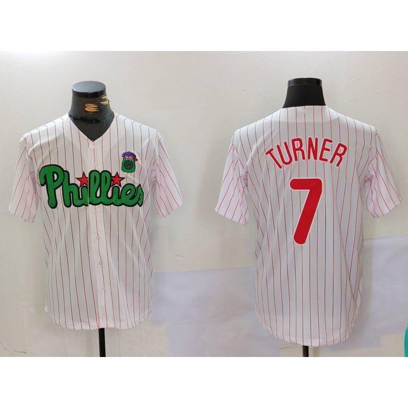 Philadelphia Phillies #7 Trea Turner White Green CLOTHIN Cool Base Stitched Jersey 2