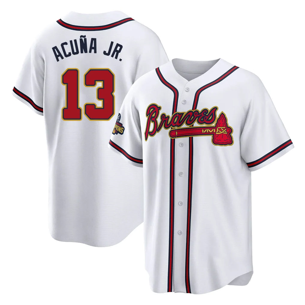 Atlanta Braves #13 Ronald Acuna Jr Player White Gold CLOTHIN Home Game Stitched Jerseys