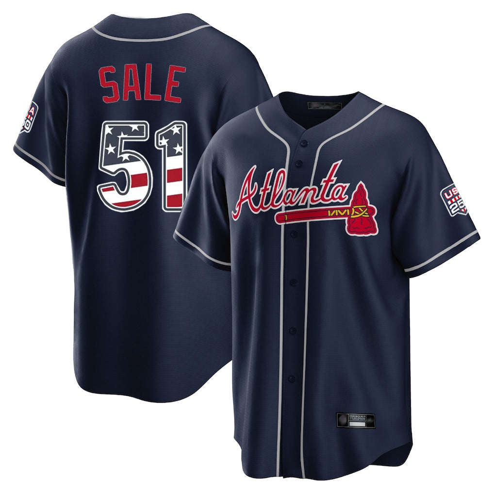 Atlanta Braves #51 Chris Sale Player Navy CLOTHIN USA 250 Fourth Of July Limited Home Game Stitched Jerseys