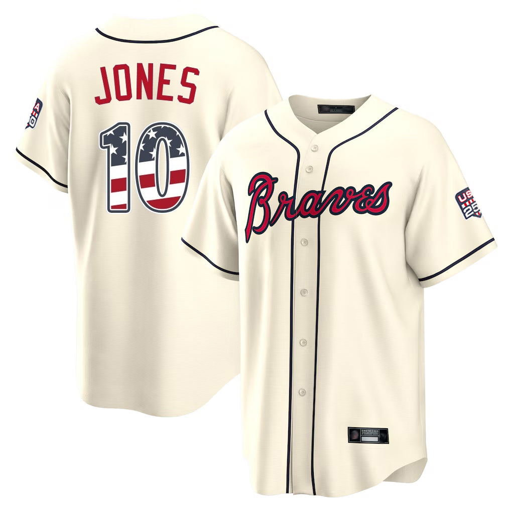Atlanta Braves #10 Chipper Jones Player Cream CLOTHIN USA 250 Fourth Of July Limited Home Game Stitched Jerseys