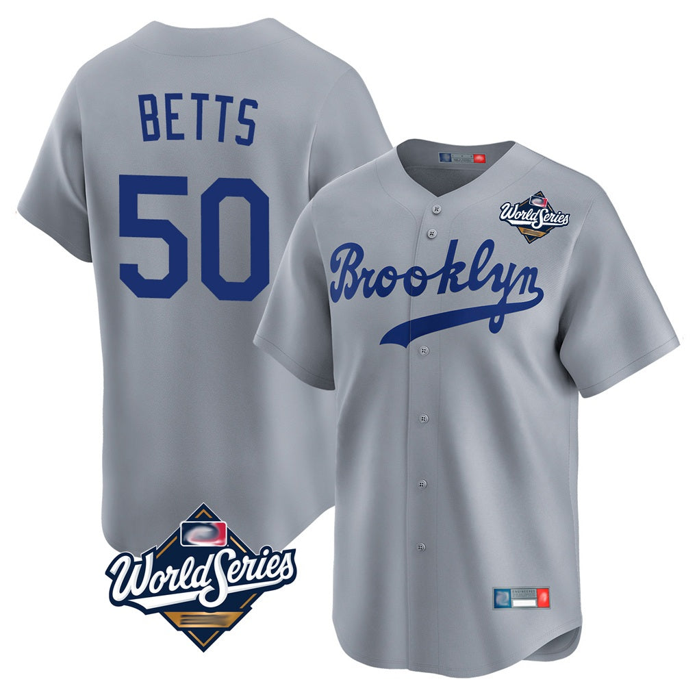 Los Angeles Dodgers #50 Mookie Betts Player Gray CLOTHIN World Series Game Limited Home Stitched Jerseys