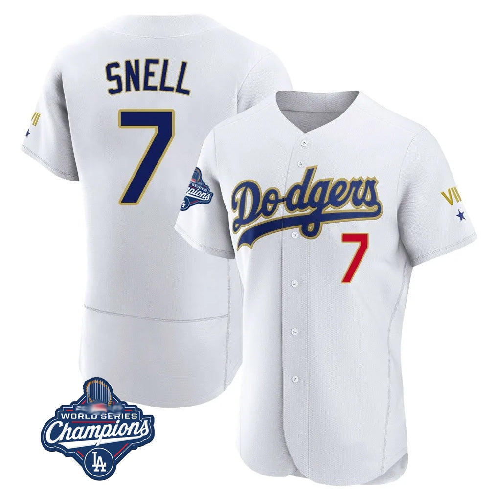 Los Angeles Dodgers #7 Blake Snell Player Gold White CLOTHIN 2026 Collection Stadium Limited Elite World Series Meet Stitched Jerseys