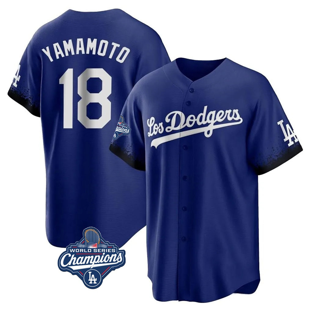 Los Angeles Dodgers #18 Yoshinobu Yamamoto Player Royal CLOTHIN World Series Meet City Connect Home Game Stitched Jerseys