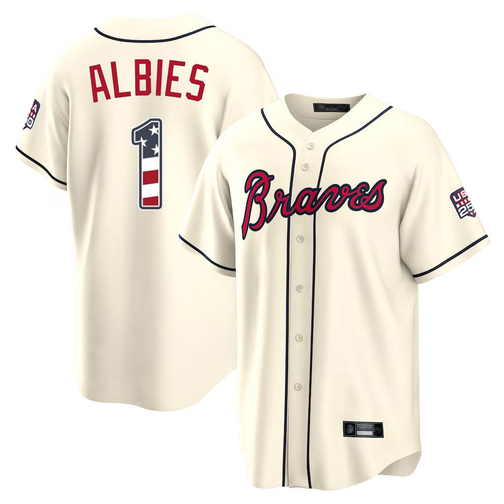 Atlanta Braves #1 Ozzie Albies Player Cream CLOTHIN USA 250 Fourth Of July Limited Home Game Stitched Jerseys