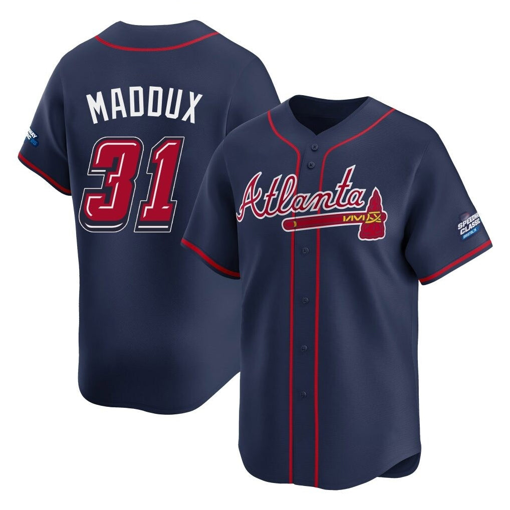 Atlanta Braves #31 Greg Maddux Player Navy CLOTHIN 2025 Speedway Classic Home Game Stitched Jerseys