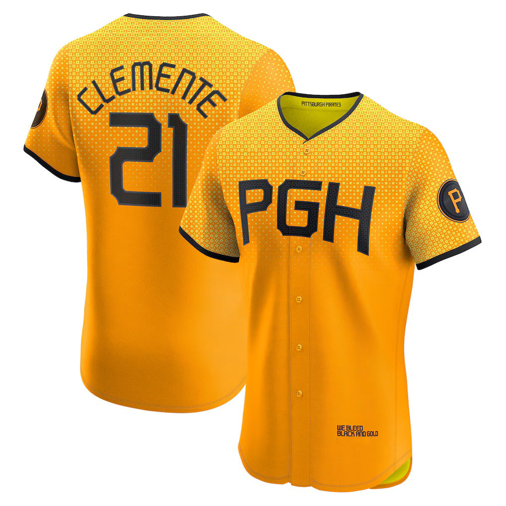 Pittsburgh Pirates #21 Roberto Clemente Gold CLOTHIN City Connect Elite Player Jersey