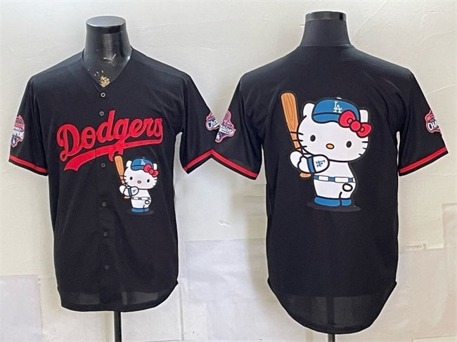 Los Angeles Dodgers Team Big Logo Black CLOTHIN Hello Kitty Night 2025 World Series Champions Patch Stitched Jersey