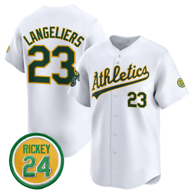 Oakland Athletics #23 Shea Langeliers White CLOTHIN 2024 Home Limited With Rickey Henderson Patch Stitched Jersey