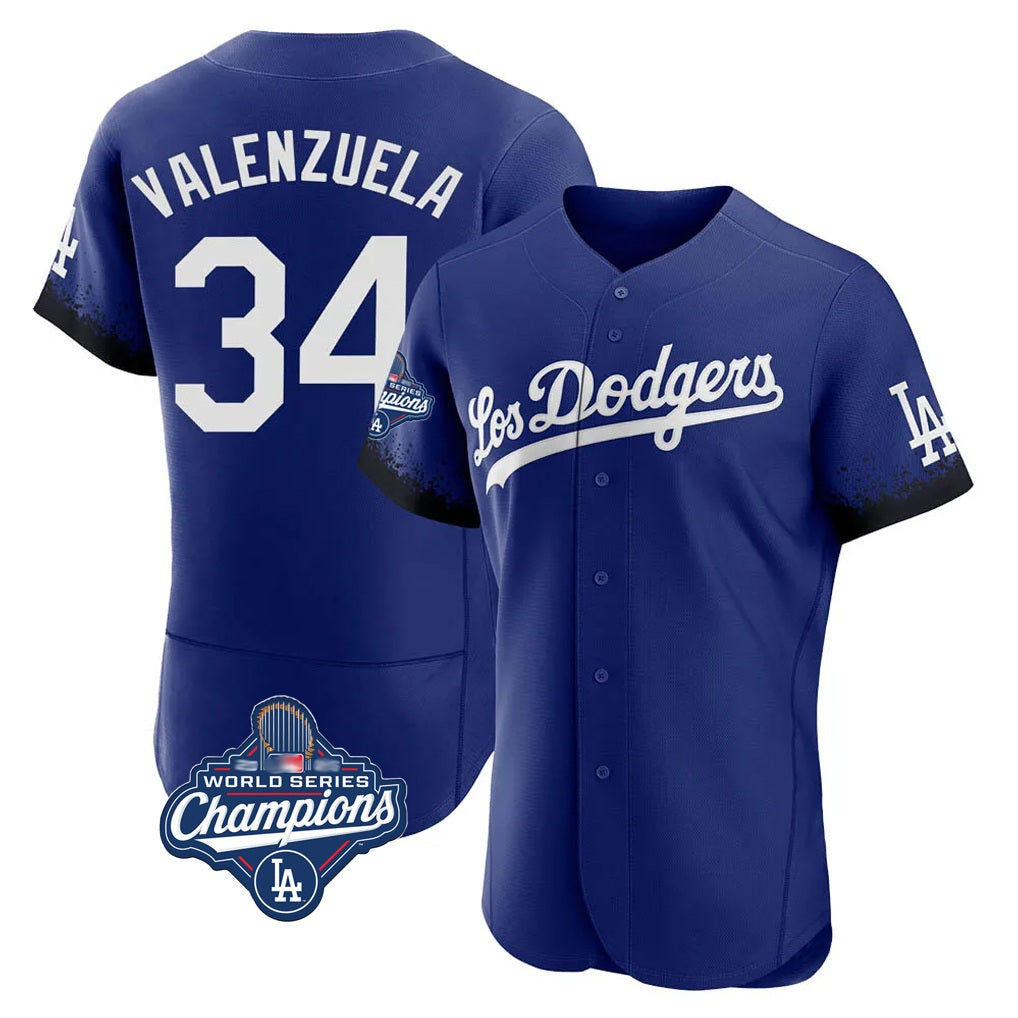 Los Angeles Dodgers #34 Fernando Valenzuela Player Royal CLOTHIN World Series Meet City Connect Elite Home Stitched Jerseys
