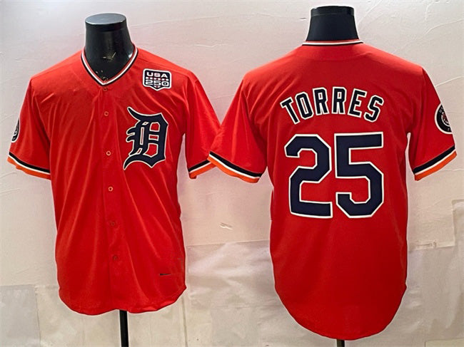 Detroit Tigers #25 Gleyber Torres Orange CLOTHIN 2026 Alternate USA 250' Patch Vapor Premier Limited Stitched Jersey