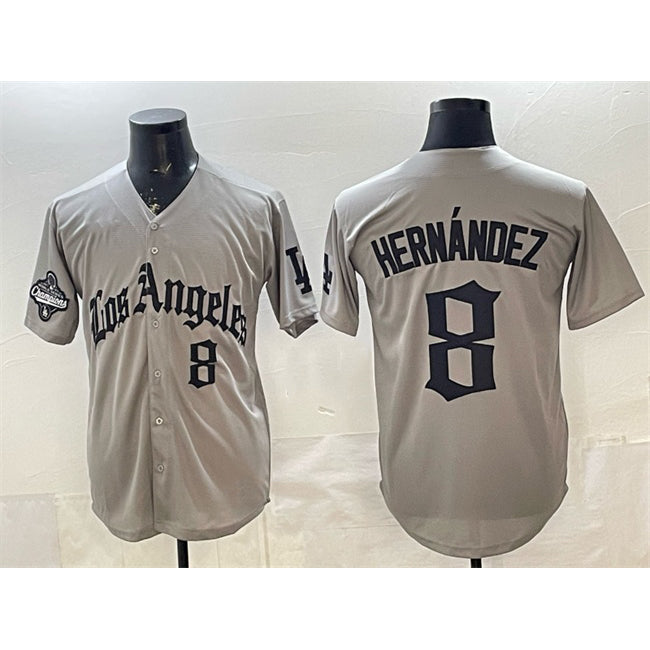 Los Angeles Dodgers #8 Enrique Hernandez Grey CLOTHIN LA Gothic Style With 2025 World Series Champions Patch Limited Stitched Jersey