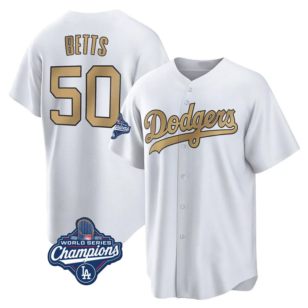 Los Angeles Dodgers #50 Mookie Betts Player White Gold CLOTHIN World Series Meet Collection Limited Home Stitched Jerseys