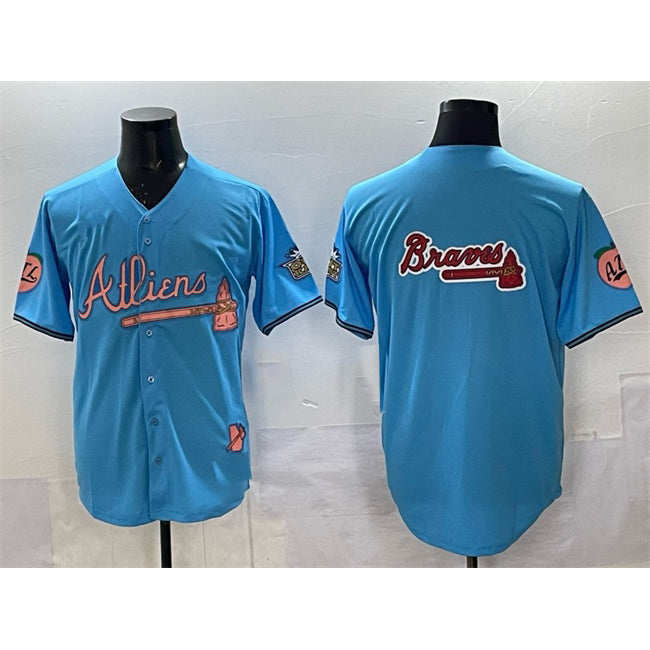 Atlanta Braves Team Big Logo Blue CLOTHIN 2024 Atliens & Peach With Outkast Patch Vapor Limited Stitched Jersey