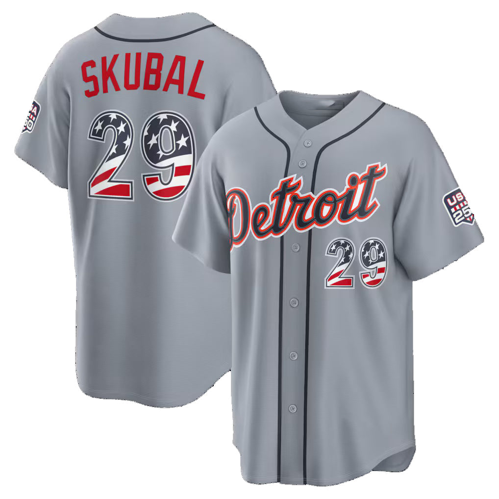 Detroit Tigers #29 Tarik Skubal USA 250 Fourth of July Road Stadium Jersey - Gray CLOTHIN