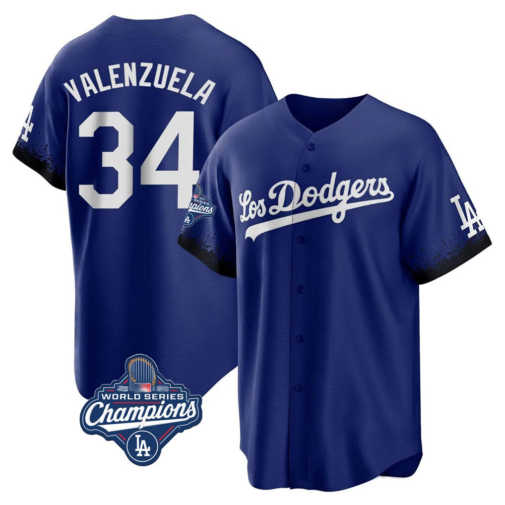 Los Angeles Dodgers #34 Fernando Valenzuela Player Royal CLOTHIN World Series Meet City Connect Home Game Stitched Jerseys