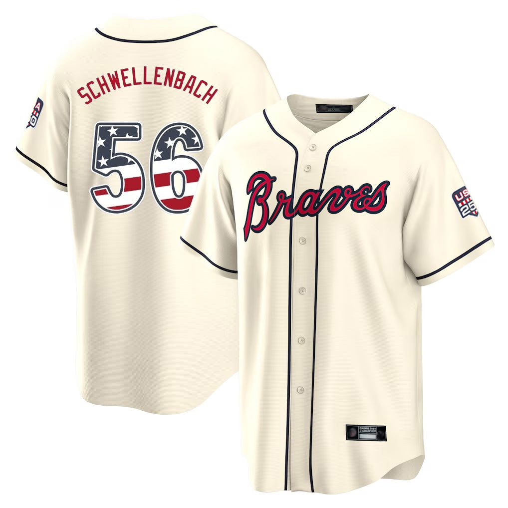 Atlanta Braves #56 Spencer Schwellenbach Player Cream CLOTHIN USA 250 Fourth Of July Limited Home Game Stitched Jerseys