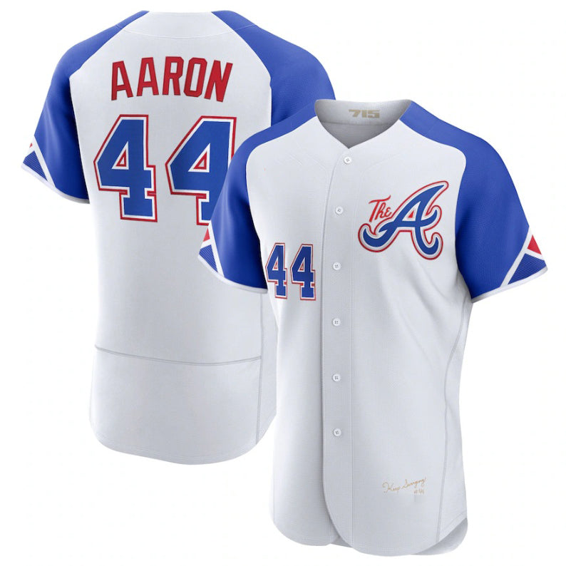 Atlanta Braves #44 Hank Aaron White CLOTHIN 2023 City Connect Flex Base Stitched Jersey 2