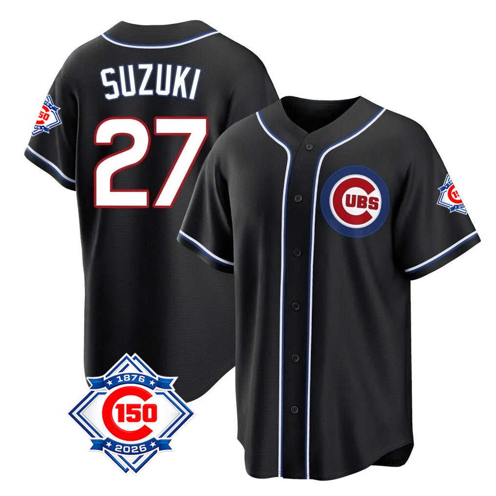 Chicago Cubs #27 Seiya Suzuki Player Black CLOTHIN Fashion Out 150th Anniversary Game Stitched Jerseys
