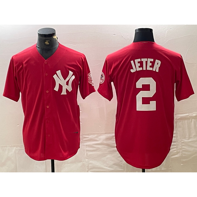 New York Yankees #2 Derek Jeter Red CLOTHIN Fashion Cool Base Jersey