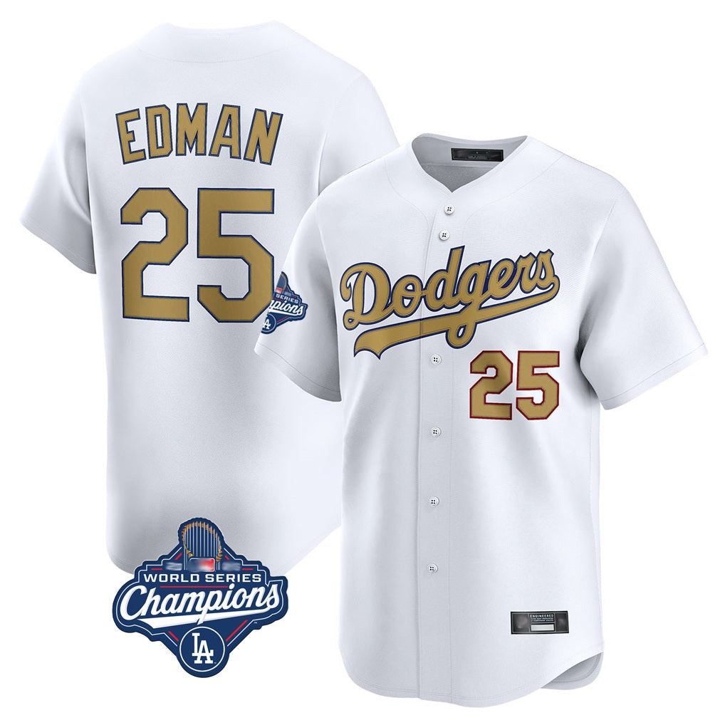 Los Angeles Dodgers #25 Tommy Edman Player White Gold CLOTHIN World Series Meet Collection Limited Home Stitched Jerseys