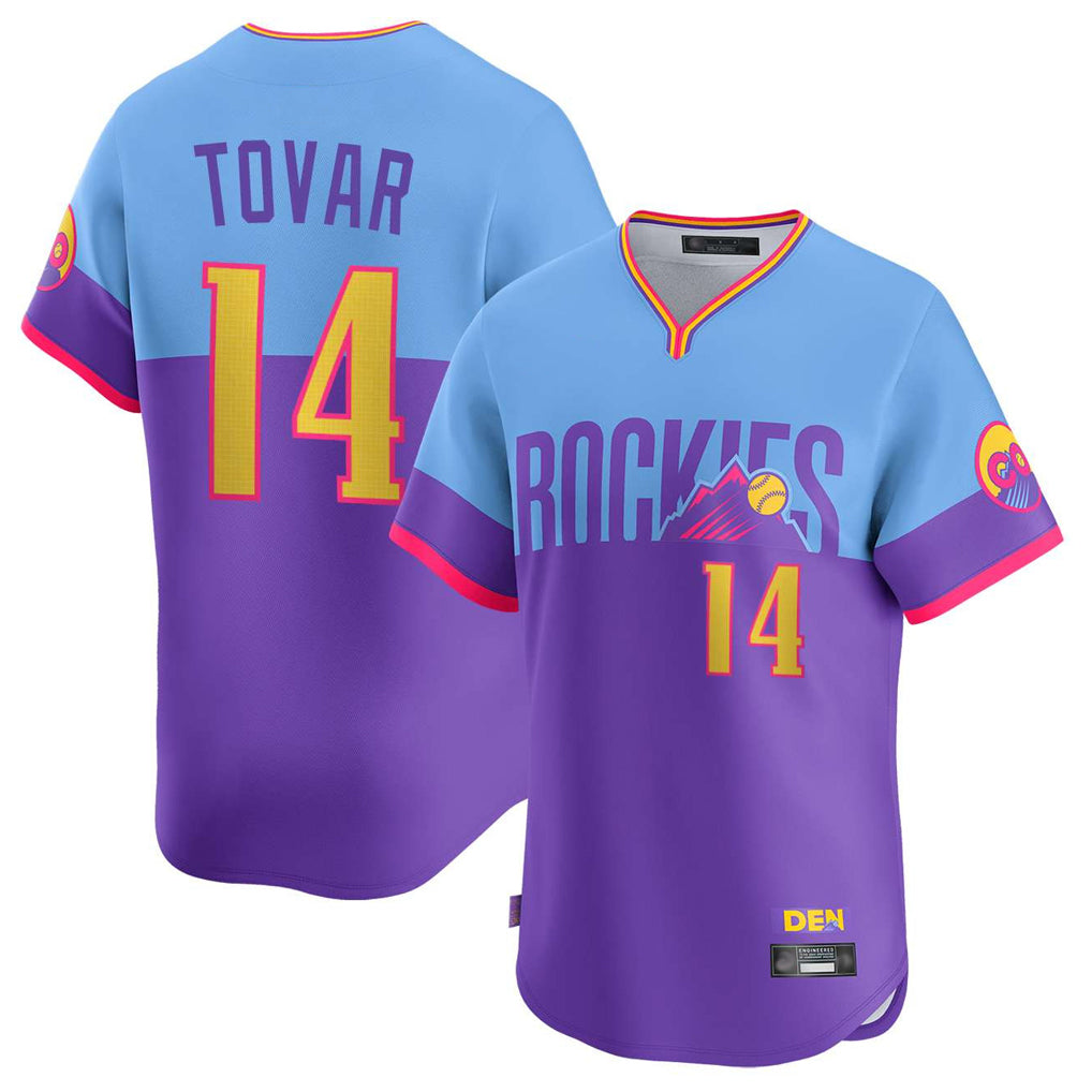 Colorado Rockies #14 Ezequiel Tovar Player Purple-Light Blue CLOTHIN City Connect Limited Home T-shirt Stitched Jerseys