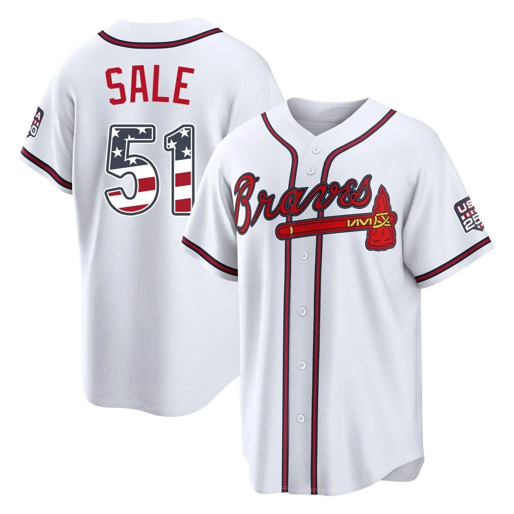 Atlanta Braves #51 Chris Sale Player White CLOTHIN USA 250 Fourth Of July Limited Home Game Stitched Jerseys