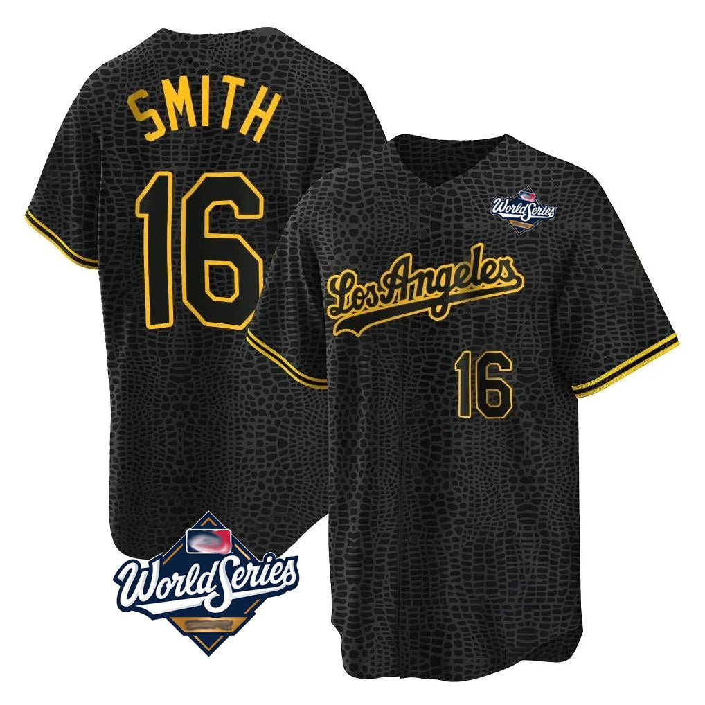 Los Angeles Dodgers #16 Will Smith Player Black CLOTHIN World Series Snake Skin City Game Home Stitched Jerseys