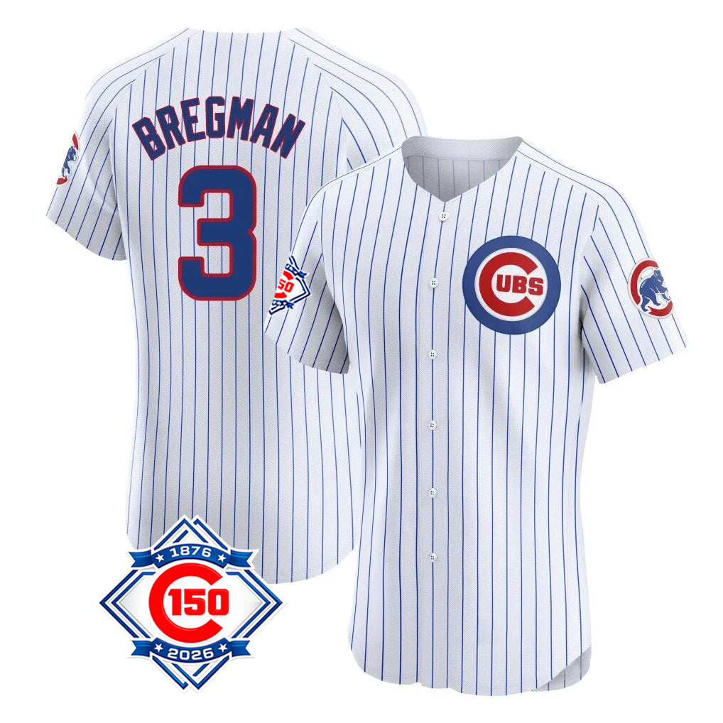 Chicago Cubs #3 Alex Bregman Player White CLOTHIN 150th Anniversary Limited Elite Home Game Stitched Jerseys