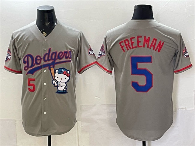 Los Angeles Dodgers #5 Freddie Freeman Grey CLOTHIN Hello Kitty Night 2025 World Series Champions Patch Stitched Jersey