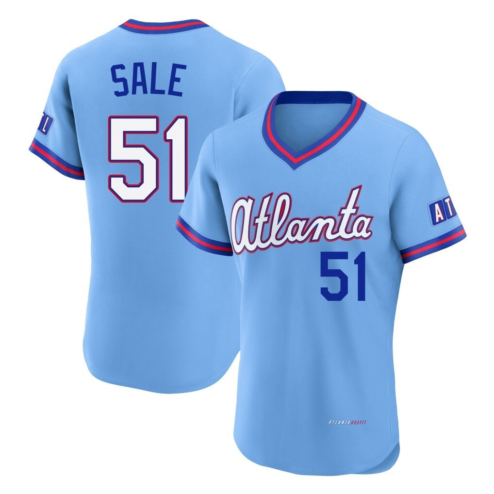 Atlanta Braves #51 Chris Sale Player Powder Blue CLOTHIN 2026 City Connect T-shirt Limited Elite Home Game Stitched Jerseys
