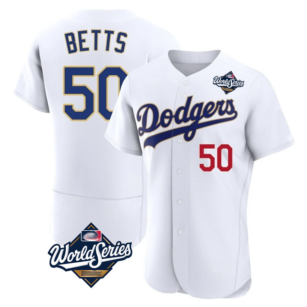 Los Angeles Dodgers #50 Mookie Betts Player Gold White CLOTHIN World Series 2026 Collection Stadium Limited Elite Stitched Jerseys