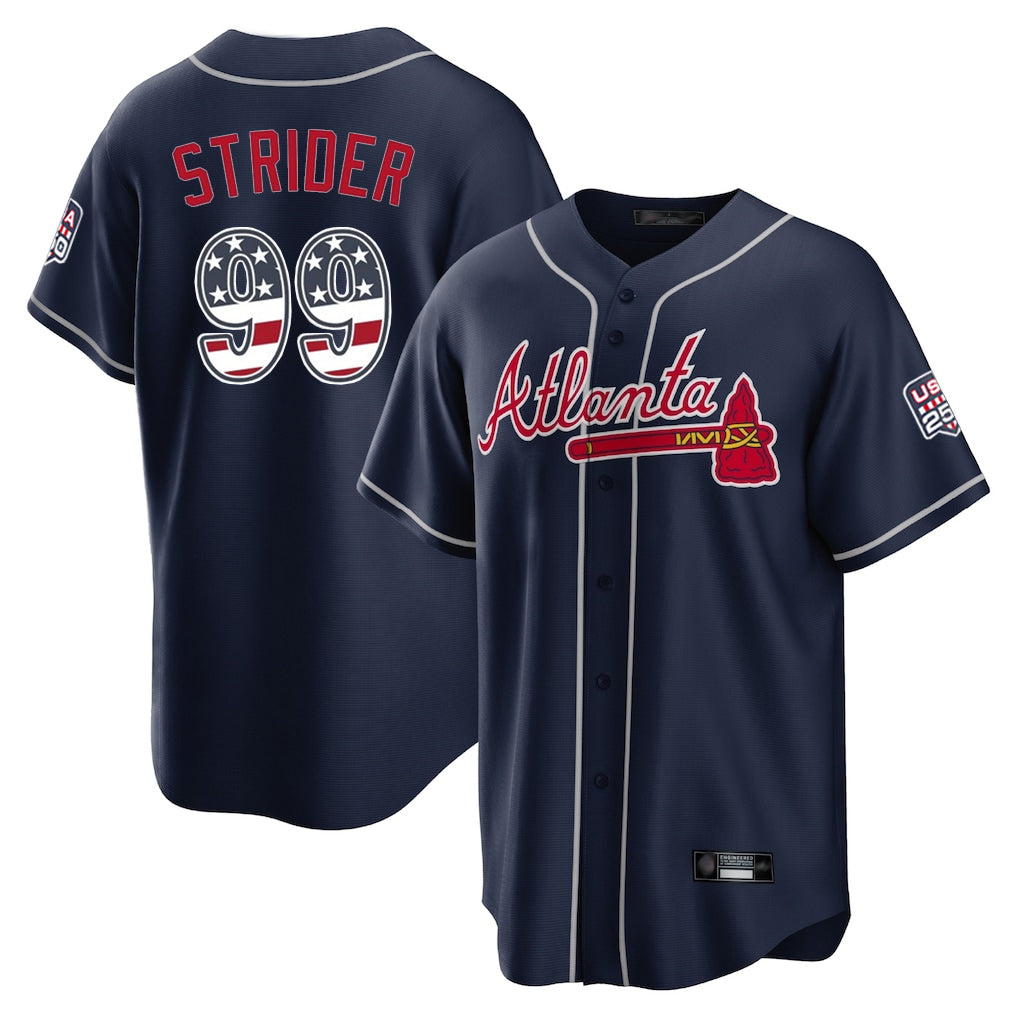 Atlanta Braves #99 Spencer Strider Player Navy CLOTHIN USA 250 Fourth Of July Limited Home Game Stitched Jerseys