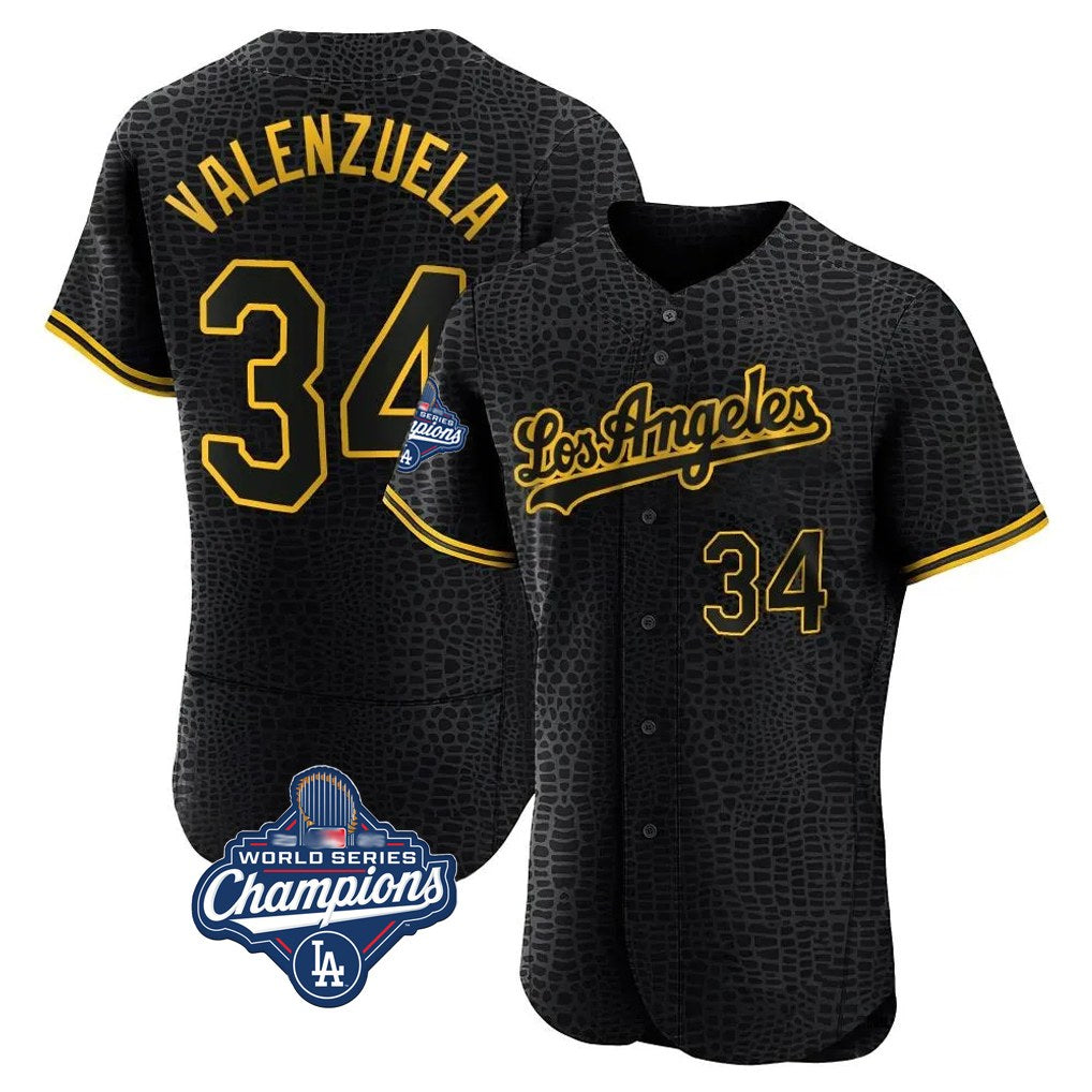 Los Angeles Dodgers #34 Fernando Valenzuela Player Black CLOTHIN World Series Meet Snake Skin City Limited Elite Home Stitched Jerseys