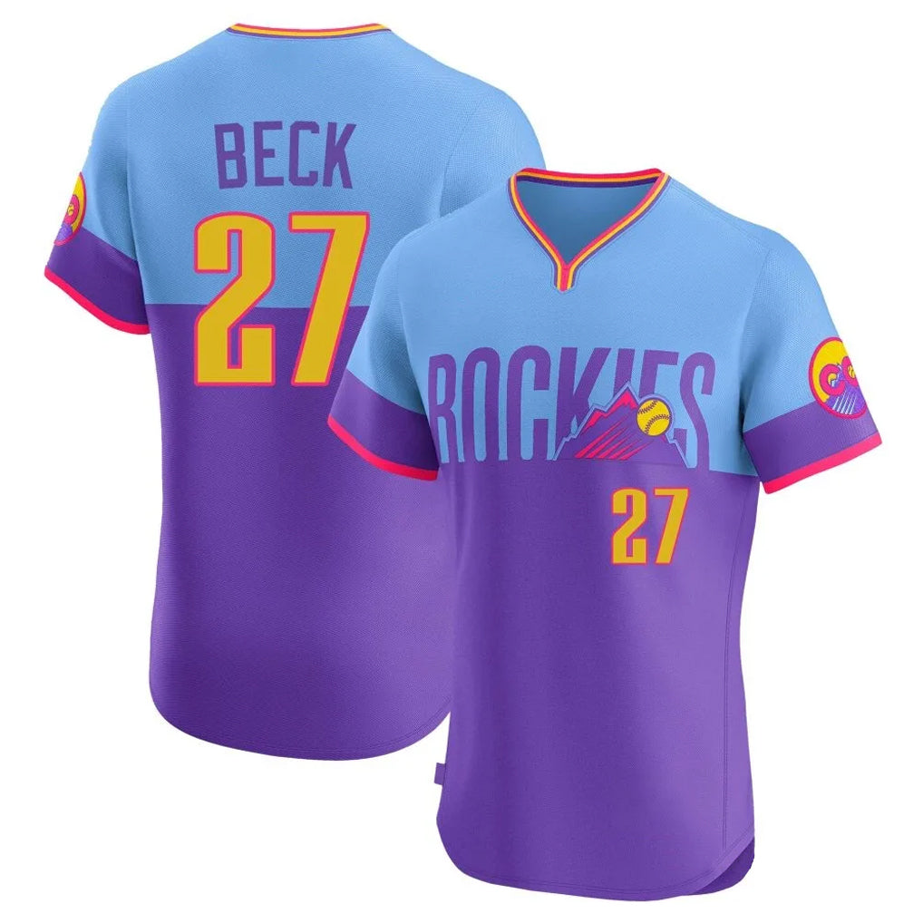 Colorado Rockies #27 Jordan Beck Player Purple-Light Blue CLOTHIN City Connect Limited Elite Home T-shirt Stitched Jerseys