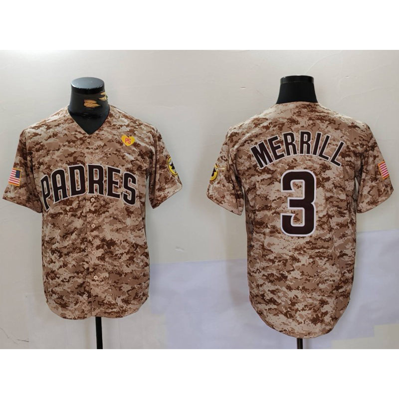 San Diego Padres #3 Jackson Merrill Camo CLOTHIN With PS Patch Cool Base Stitched Jersey