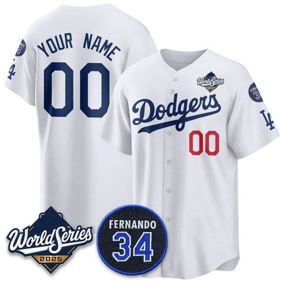 Custom Los Angeles Dodgers ACTIVE PLAYER White CLOTHIN 2025 World Series With No. 34 Patch Limited Stitched Jersey