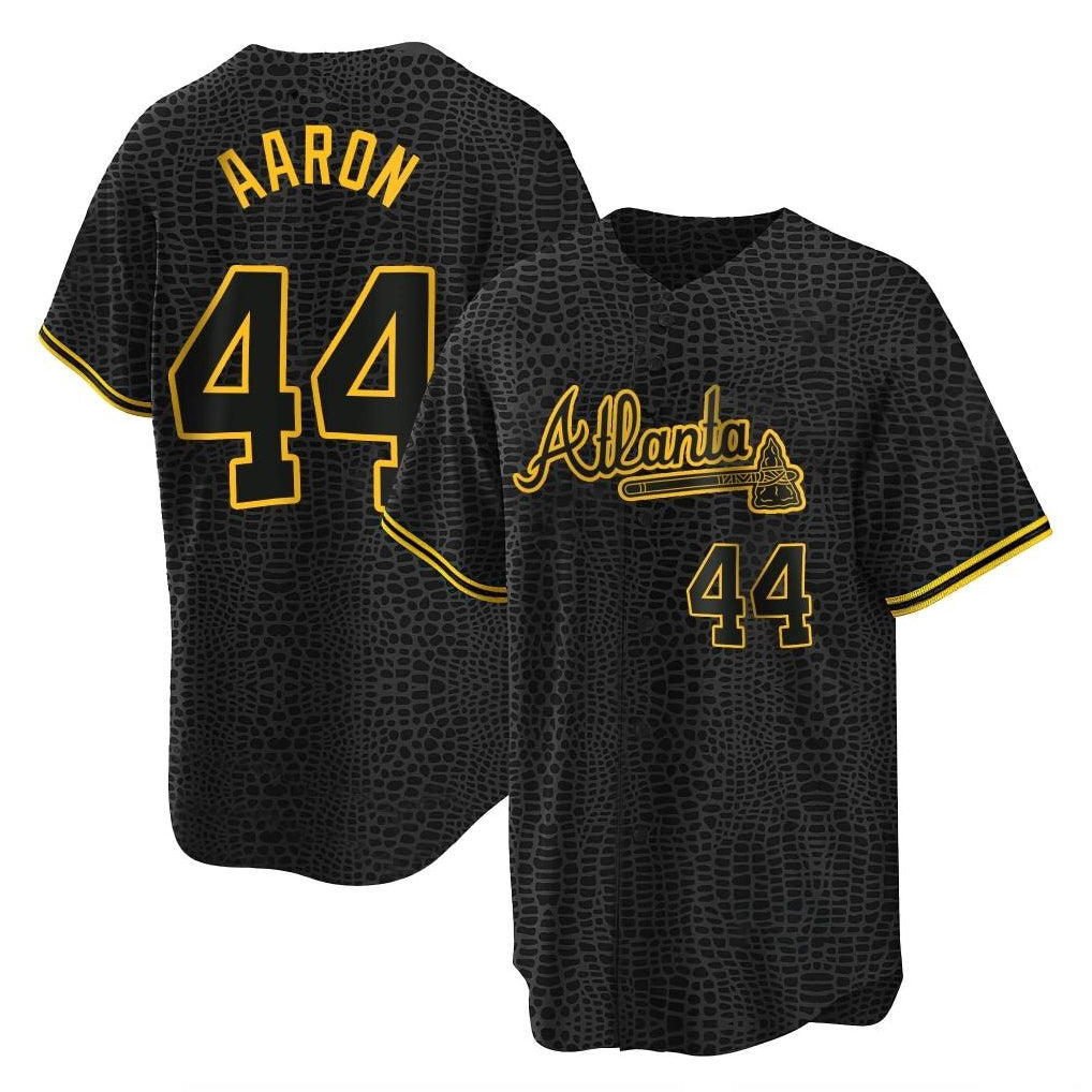 Atlanta Braves #44 Hank Aaron Player Black CLOTHIN Snake Skin City Home Game Stitched Jerseys