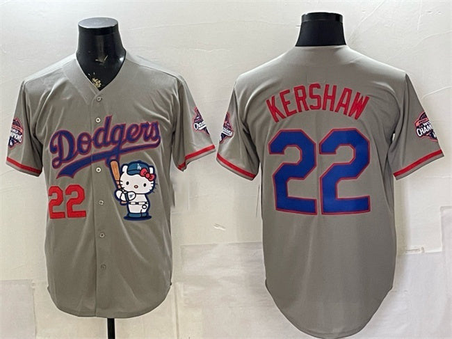 Los Angeles Dodgers #22 Clayton Kershaw Grey CLOTHIN Hello Kitty Night 2025 World Series Champions Patch Stitched Jersey