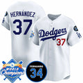 Los Angeles Dodgers #37 Teoscar Hernandez White CLOTHIN 2024 World Champions & Fernando Memorial Patch Vapor Premier Home Limited Stitched Jersey