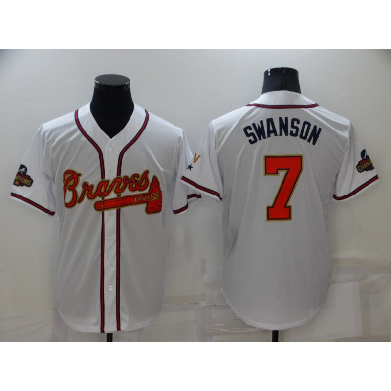 Atlanta Braves#7 Dansby Swanson 2022 White CLOTHIN Gold World Series Champions Program Cool Base Stitched Jersey