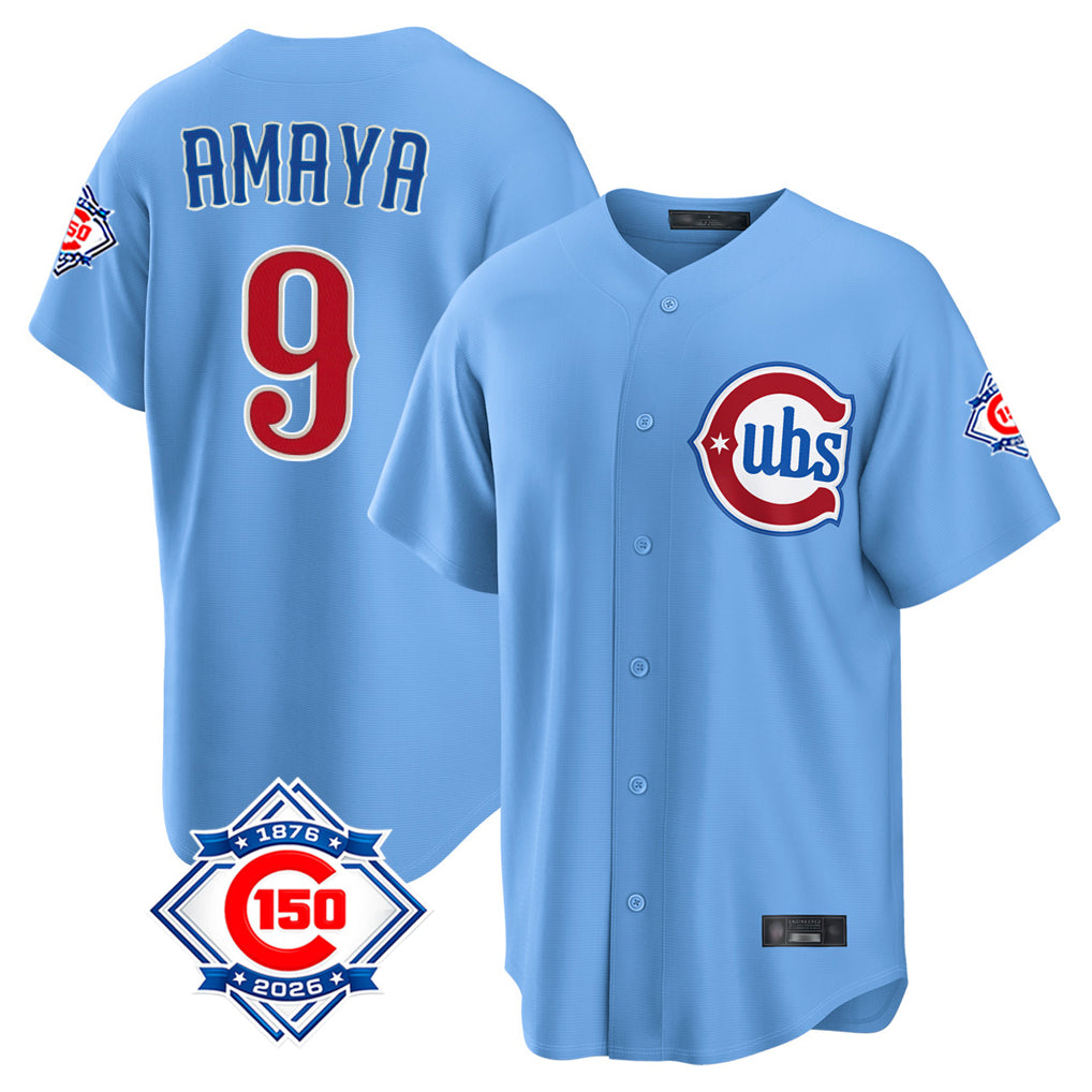 Chicago Cubs #9 Miguel Amaya Player Light Blue CLOTHIN 150th Anniversary Home Game Stitched Jerseys