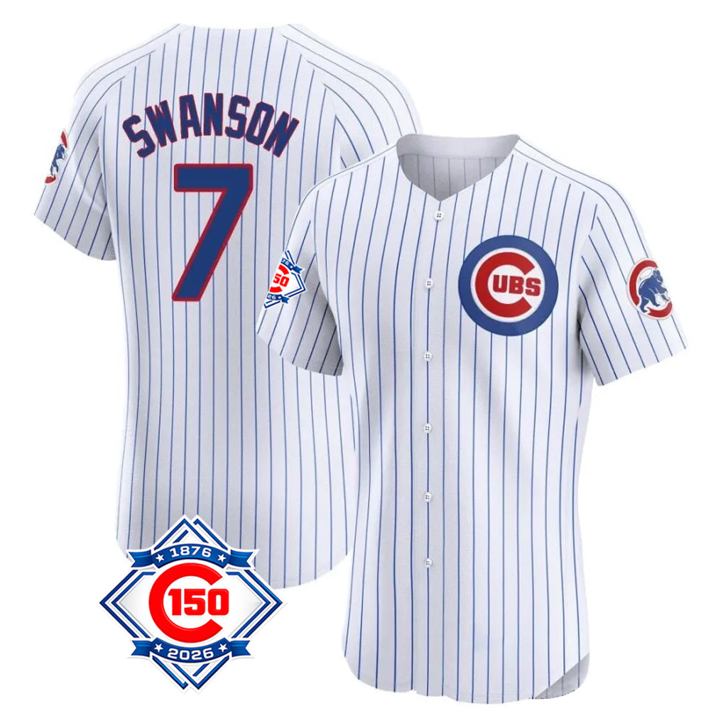 Chicago Cubs #7 Dansby Swanson Player White CLOTHIN 150th Anniversary Limited Elite Home Game Stitched Jerseys