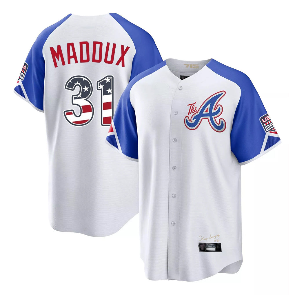 Atlanta Braves #31 Greg Maddux Player White CLOTHIN USA 250 Fourth Of July City Connect Home Game Stitched Jerseys