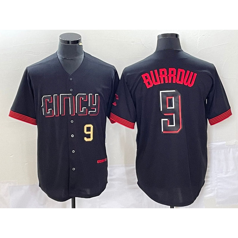 Cincinnati Reds #9 Joe Burrow Number Black CLOTHIN 2023 City Connect Cool Base Stitched Jersey 2