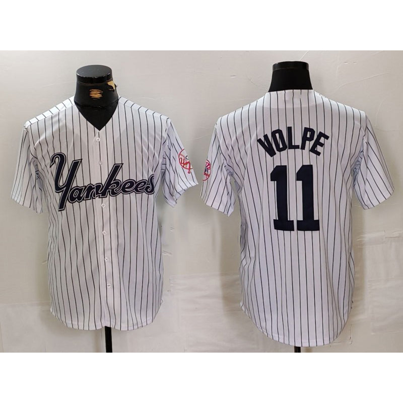 New York Yankees #11 Anthony Volpe White CLOTHIN Pinstripe Fashion Cool Base Jersey 2