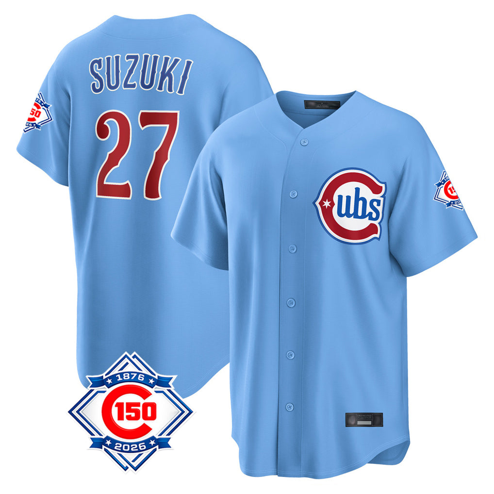 Chicago Cubs #27 Seiya Suzuki Player Light Blue CLOTHIN 150th Anniversary Home Game Stitched Jerseys
