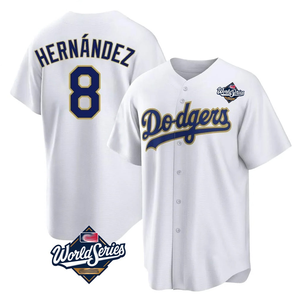 Los Angeles Dodgers #8 Enrique Hern¨¢ndez Player Gold White CLOTHIN World Series 2026 Collection Stadium Game Stitched Jerseys